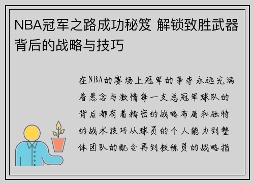 NBA冠军之路成功秘笈 解锁致胜武器背后的战略与技巧