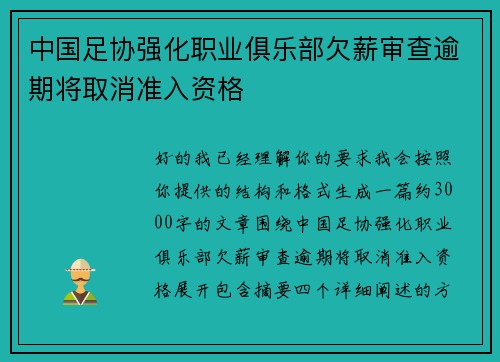 中国足协强化职业俱乐部欠薪审查逾期将取消准入资格