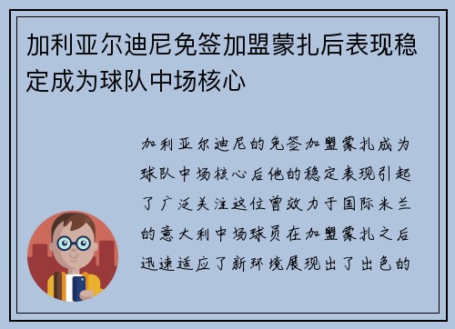 加利亚尔迪尼免签加盟蒙扎后表现稳定成为球队中场核心
