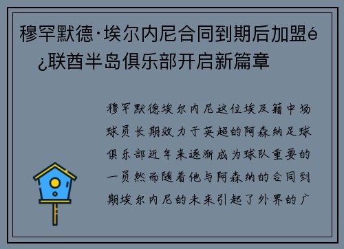 穆罕默德·埃尔内尼合同到期后加盟阿联酋半岛俱乐部开启新篇章