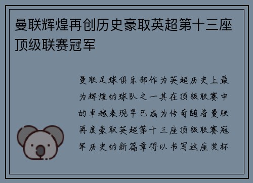 曼联辉煌再创历史豪取英超第十三座顶级联赛冠军 曼联辉煌再创历史豪取英超第十三座顶级联赛冠军