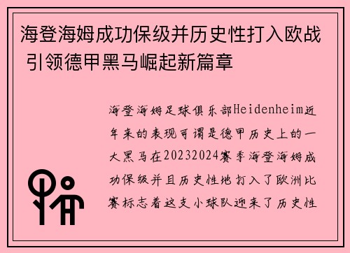 海登海姆成功保级并历史性打入欧战 引领德甲黑马崛起新篇章